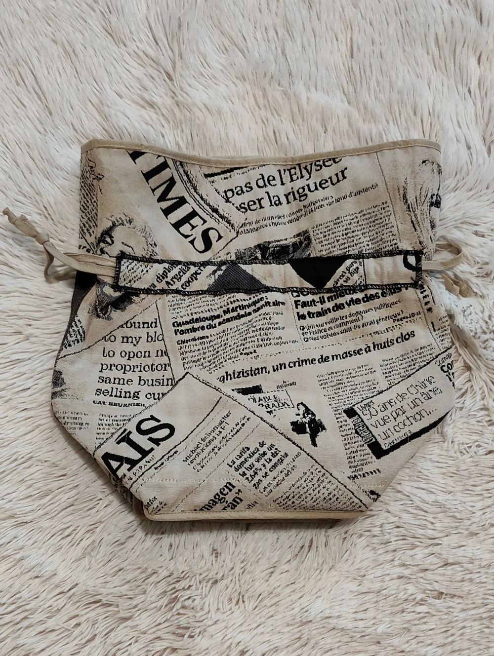 Vintage Style Drawstring Pouch Black Cream Newsprint Red Lining Travel Organizer